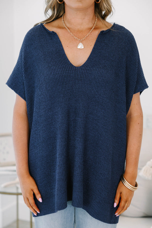 Plus size navy blue knit Sweet Escape Sweater with a flowy fit, V-neckline, and short sleeves.