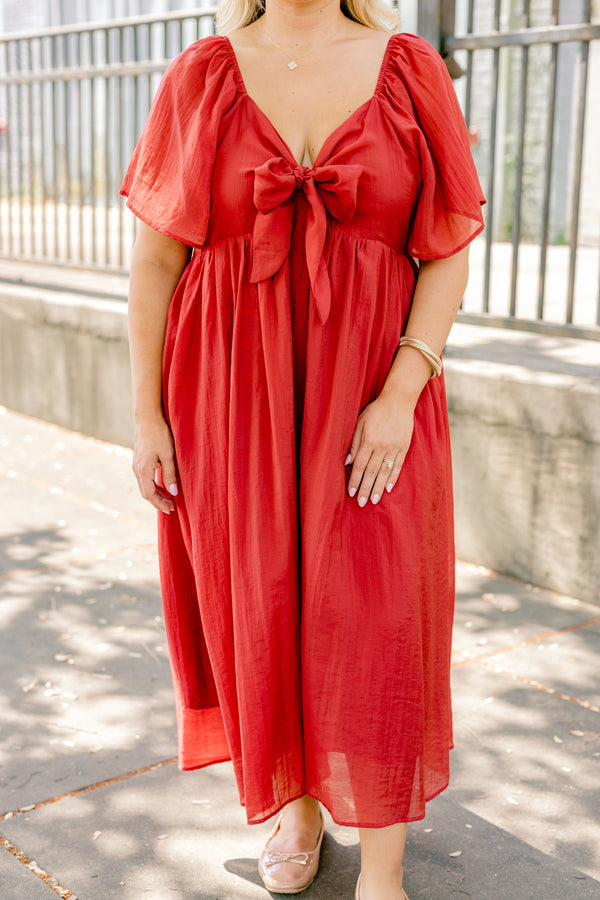 Chic Soul plus size clothing, red short flutter sleeve flowy maxi dress with a bow tying in the center of the chest