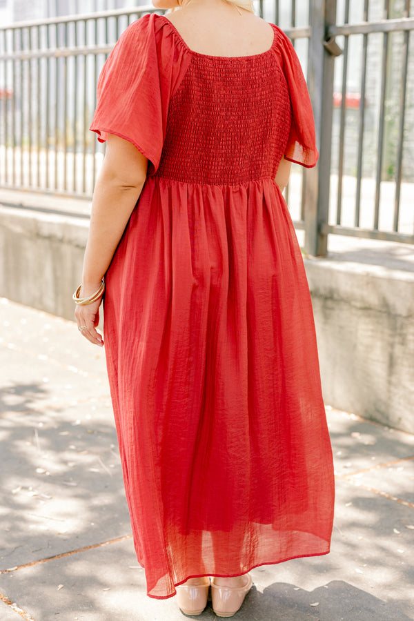 Chic Soul plus size clothing, red short flutter sleeve flowy maxi dress with a bow tying in the center of the chest