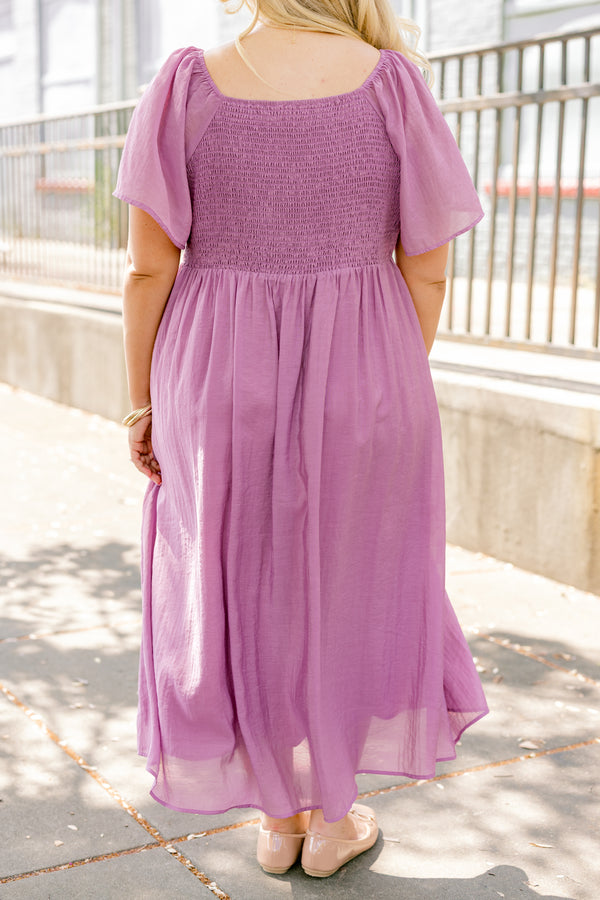 Chic Soul plus size clothing, plum purple flowy midi dress with knotted neckline and flowy sleeves