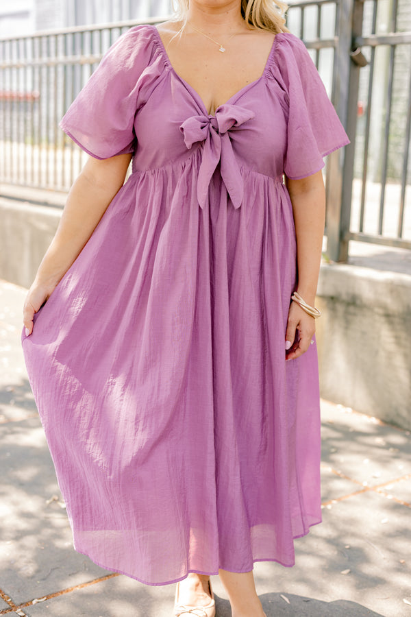 Chic Soul plus size clothing, plum purple flowy midi dress with knotted neckline and flowy sleeves