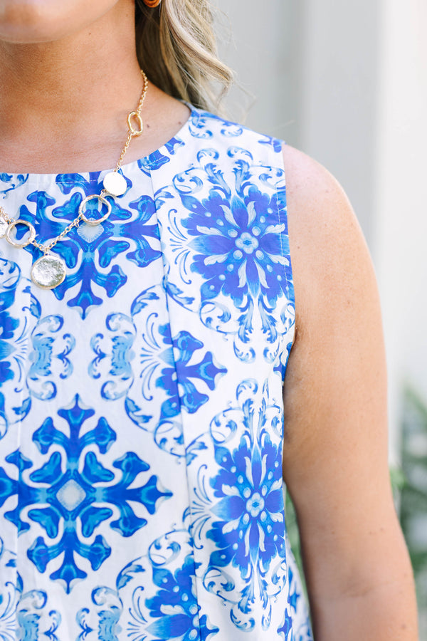 Plus size woman in a flowy blue tile print sleeveless top and matching shorts in 100% cotton.