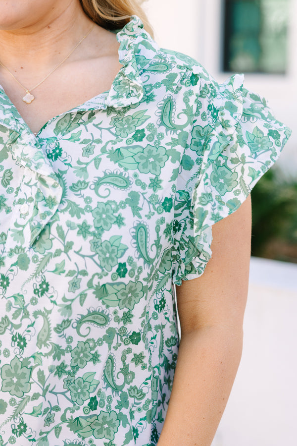 Chic Soul plus size clothing, green floral and paisley patterned short sleeve top with a button up neckline 