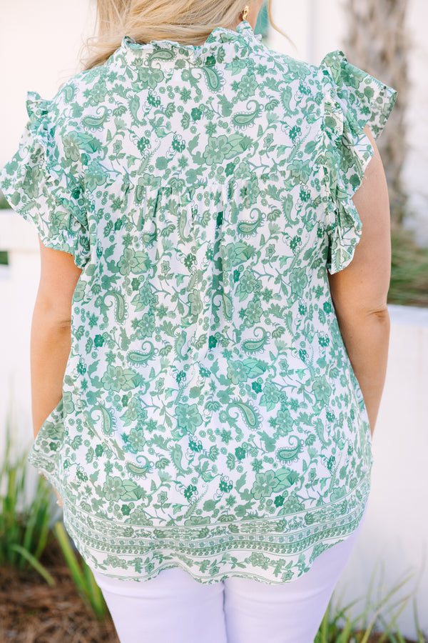 Chic Soul plus size clothing, green floral and paisley patterned short sleeve top with a button up neckline 