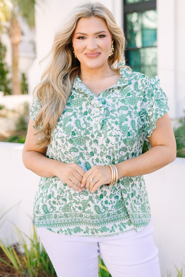 Chic Soul plus size clothing, green floral and paisley patterned short sleeve top with a button up neckline 