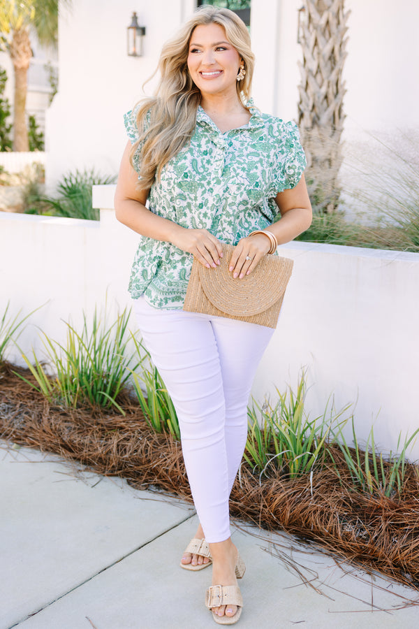 Chic Soul plus size clothing, green floral and paisley patterned short sleeve top with a button up neckline 