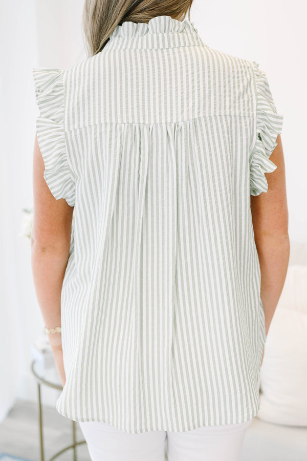 Plus Size green and white striped top with flutter sleeves, a ruffled collar, and button details.