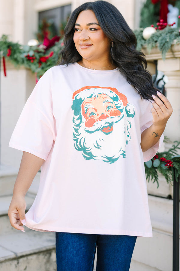 Plus Size cream pink oversized boyfriend tee with a vintage Santa Claus graphic on the front.