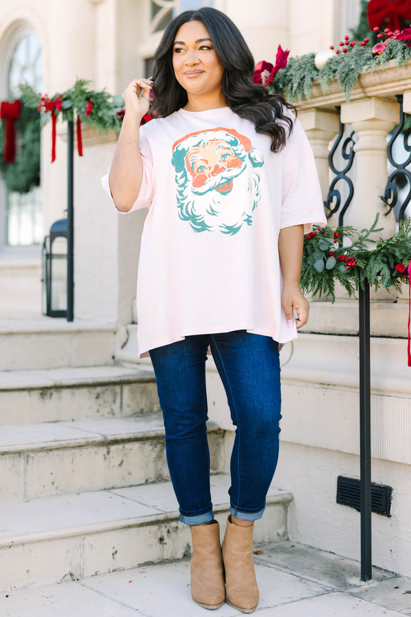 Plus Size cream pink oversized boyfriend tee with a vintage Santa Claus graphic on the front.
