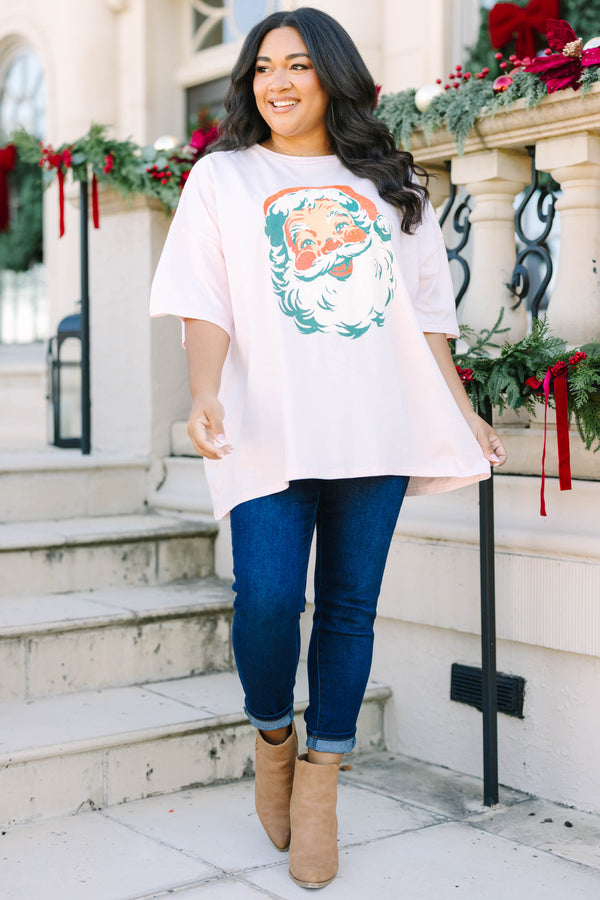 Plus Size cream pink oversized boyfriend tee with a vintage Santa Claus graphic on the front.