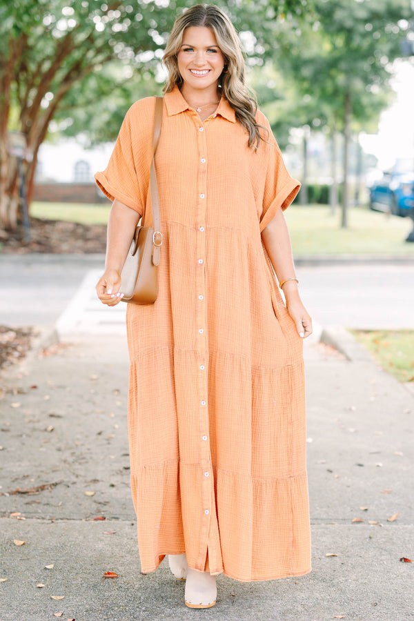 Plus Size rust orange cotton gauze maxi dress with a button-down front, collar, and short sleeves.