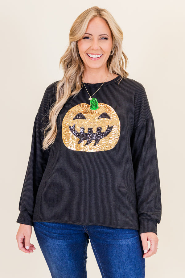Chic Soul plus size clothing, black ribbed long sleeve pullover with sequin orange pumpkin jack-o-lantern detail