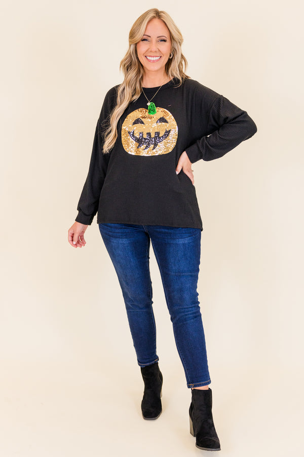 Chic Soul plus size clothing, black ribbed long sleeve pullover with sequin orange pumpkin jack-o-lantern detail