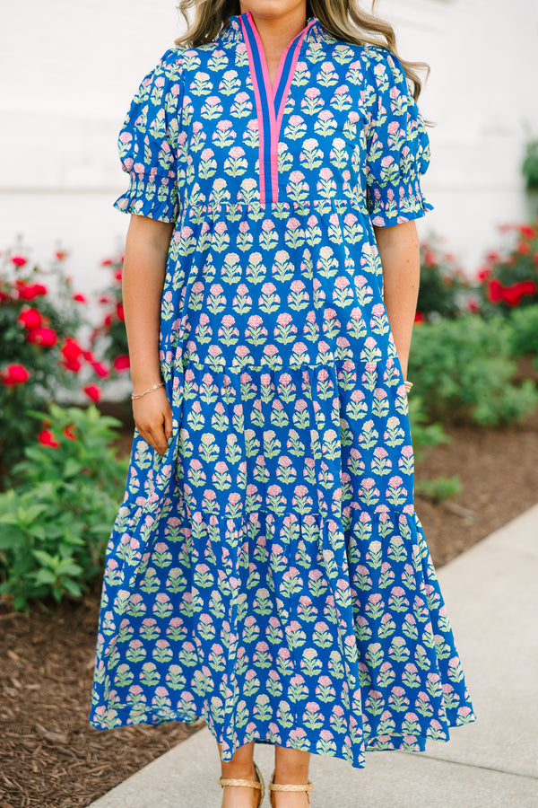 Chic Soul plus size clothing, cobalt blue short sleeve floral block print maxi dress 