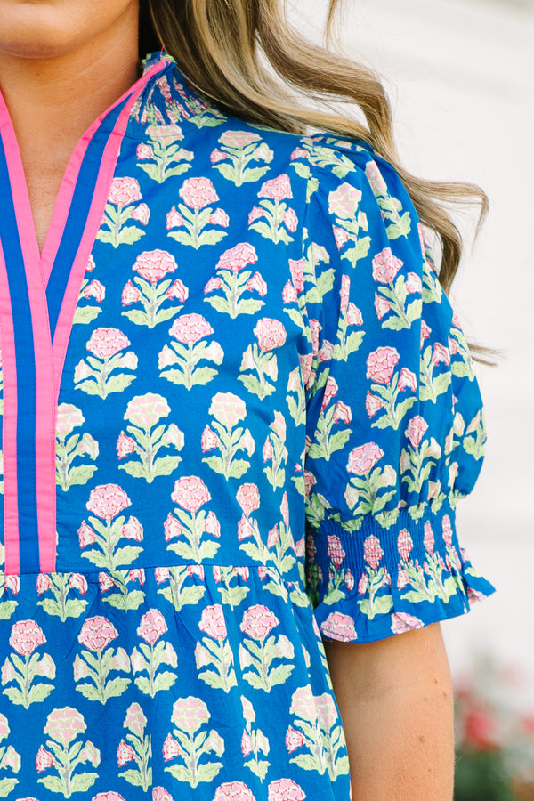 Chic Soul plus size clothing, cobalt blue short sleeve floral block print maxi dress 