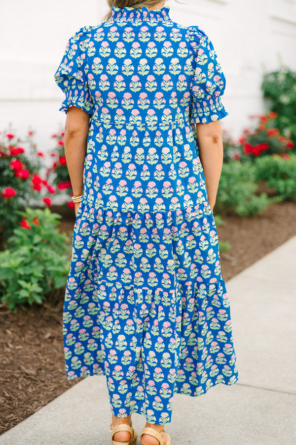 Chic Soul plus size clothing, cobalt blue short sleeve floral block print maxi dress 