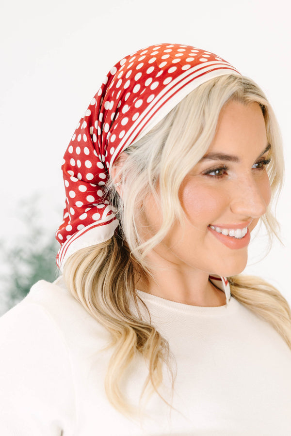 Plus Size red scarf with white polka dots and a striped border 