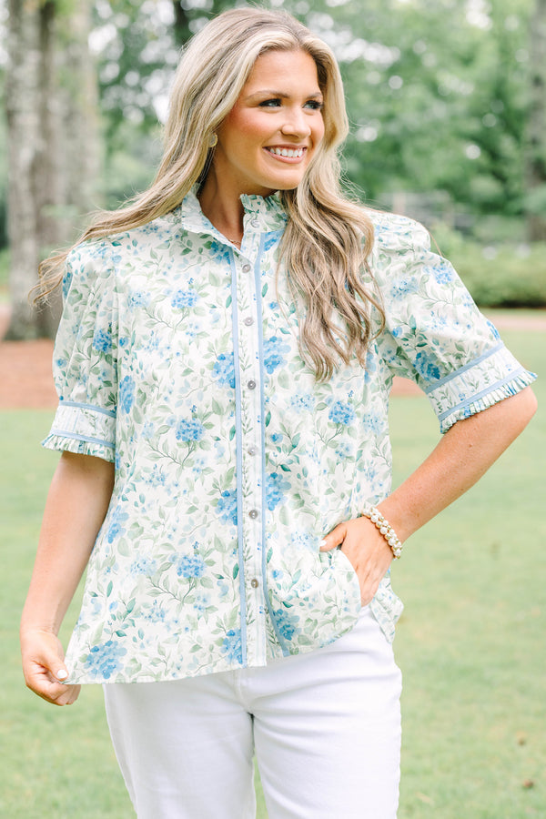 Plus Size green and blue floral button-down top with puff sleeves, ruffles, and a high collar.
