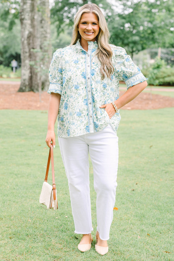 Plus Size green and blue floral button-down top with puff sleeves, ruffles, and a high collar.