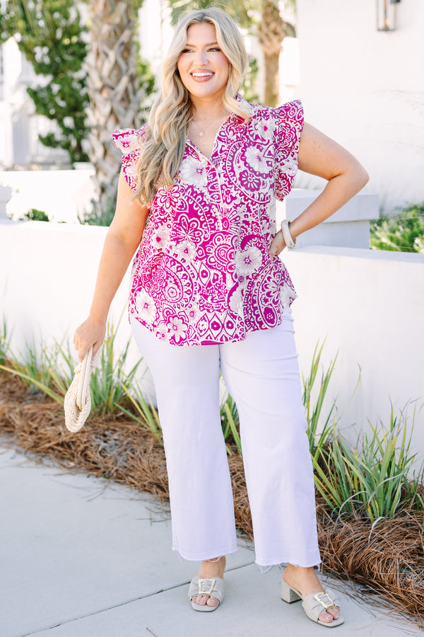 Chic Soul plus size clothing, fuchsia and white floral print v neck button up collar top and ruffle cap sleeves