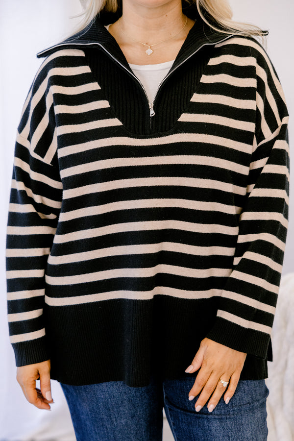 Chic Soul plus size clothing, black and cream horizontal stripe 1/4 zip sweater with oversized collar