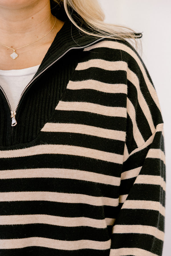 Chic Soul plus size clothing, black and cream horizontal stripe 1/4 zip sweater with oversized collar