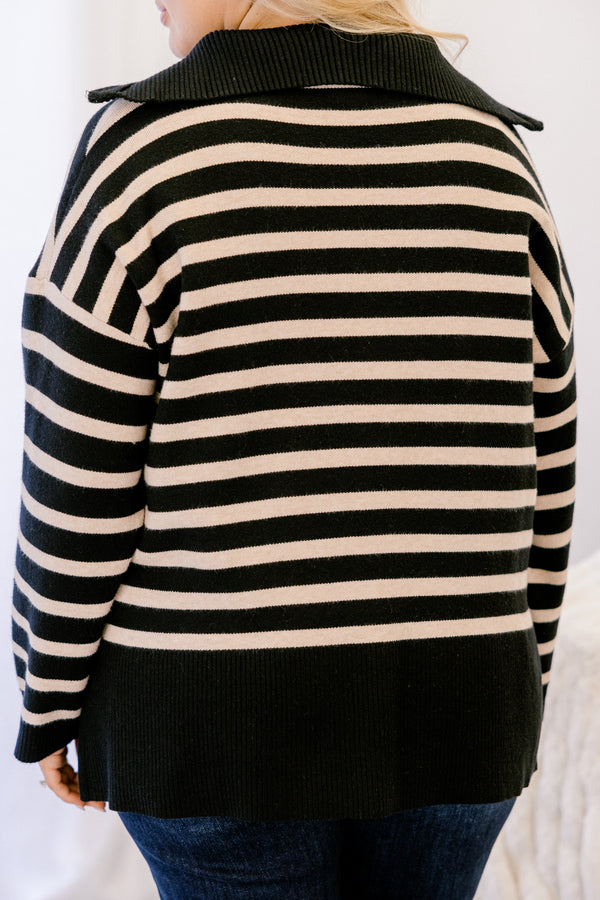 Chic Soul plus size clothing, black and cream horizontal stripe 1/4 zip sweater with oversized collar