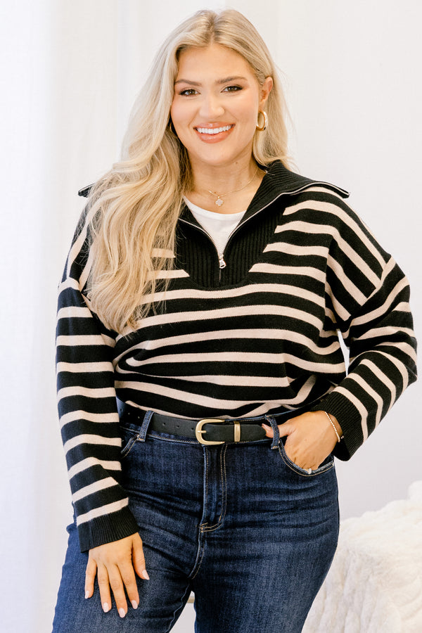 Chic Soul plus size clothing, black and cream horizontal stripe 1/4 zip sweater with oversized collar
