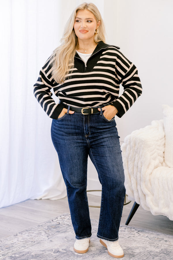 Chic Soul plus size clothing, black and cream horizontal stripe 1/4 zip sweater with oversized collar