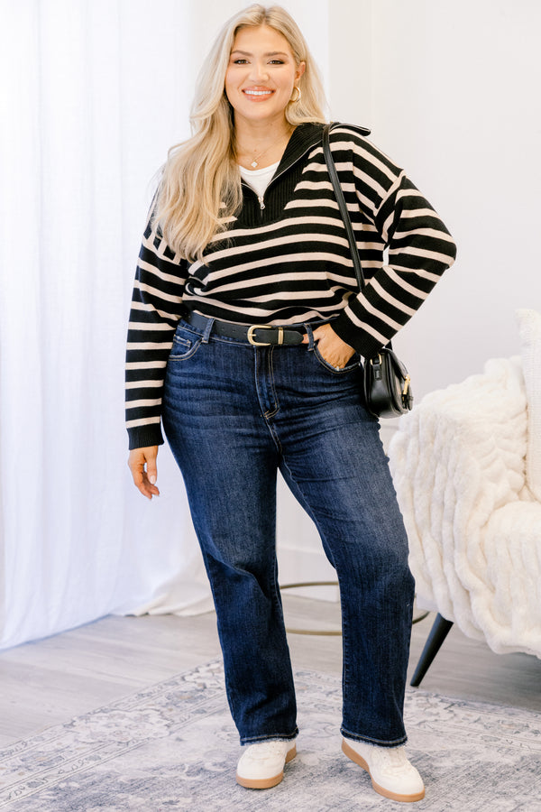 Chic Soul plus size clothing, black and cream horizontal stripe 1/4 zip sweater with oversized collar