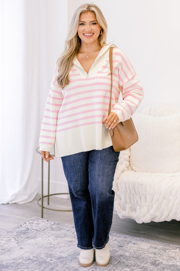 Chic Soul plus size clothing cream sweater with pink stripes as well as a zipper going down to the chest 