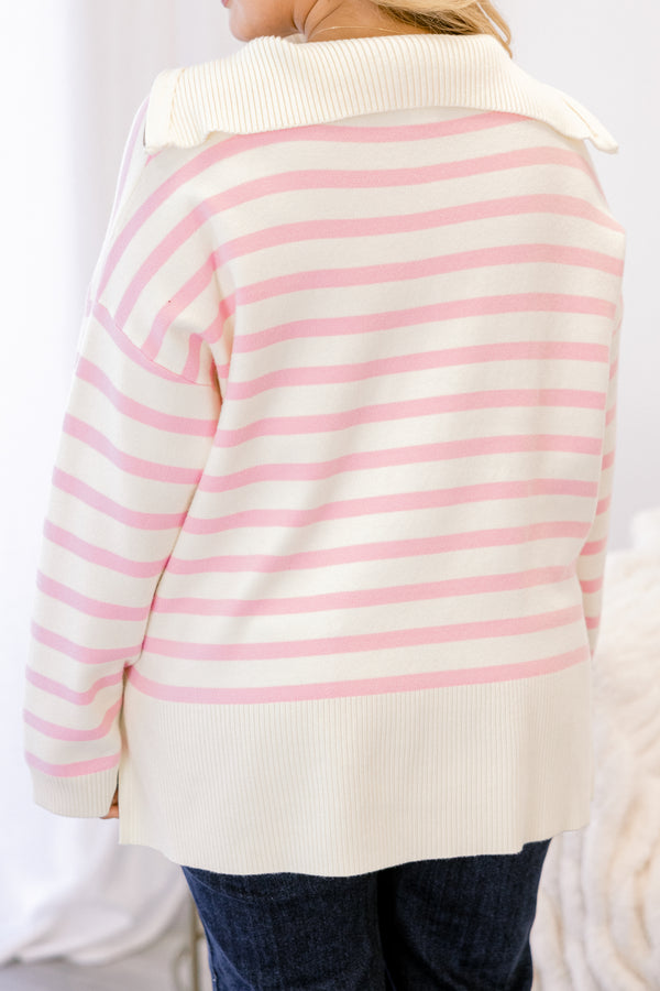 Chic Soul plus size clothing cream sweater with pink stripes as well as a zipper going down to the chest 