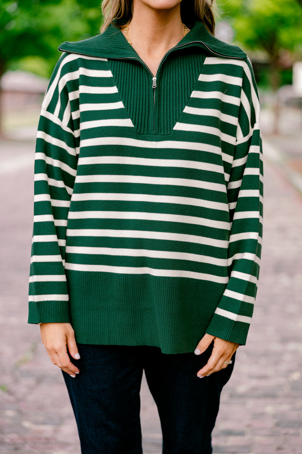 Chic Soul plus size clothing, dark green sweater pullover with white stripes and a zipper going down to the chest as well as a collar 