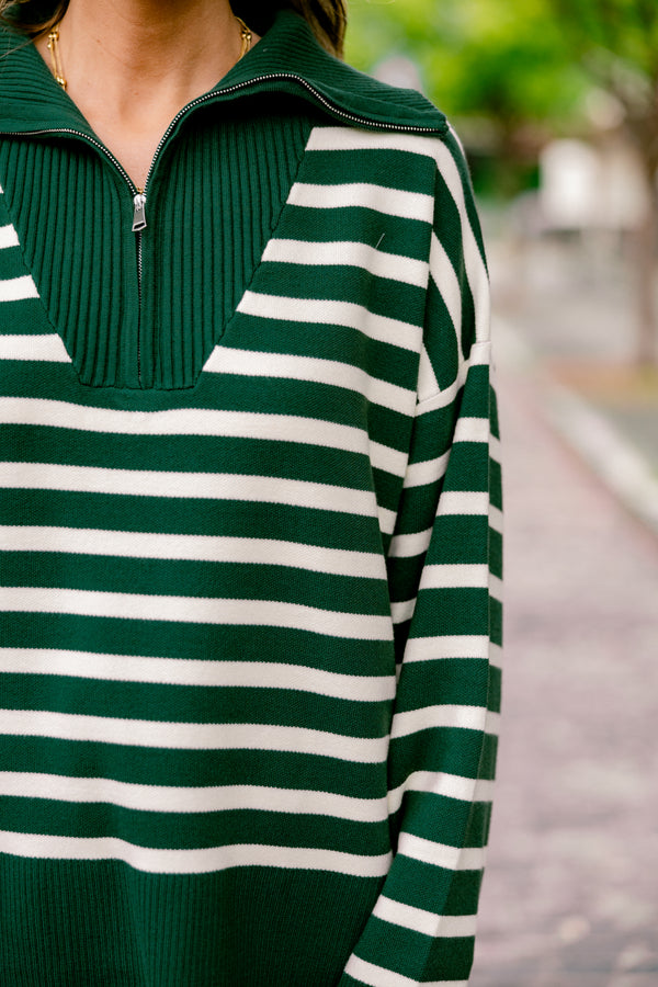 Chic Soul plus size clothing, dark green sweater pullover with white stripes and a zipper going down to the chest as well as a collar 
