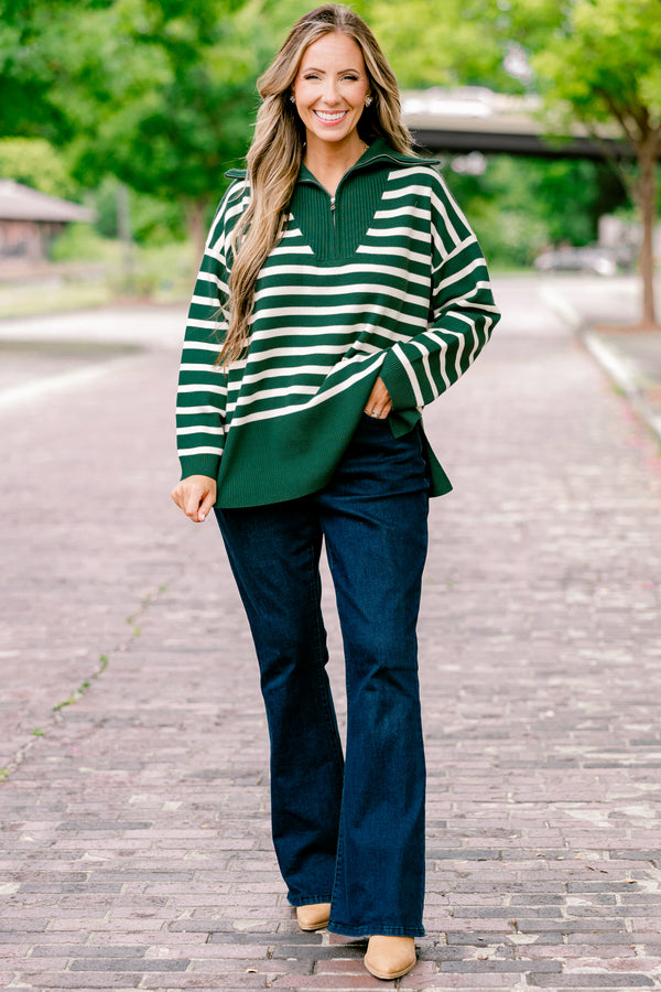 Chic Soul plus size clothing, dark green sweater pullover with white stripes and a zipper going down to the chest as well as a collar 