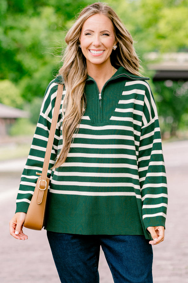 Chic Soul plus size clothing, dark green sweater pullover with white stripes and a zipper going down to the chest as well as a collar 
