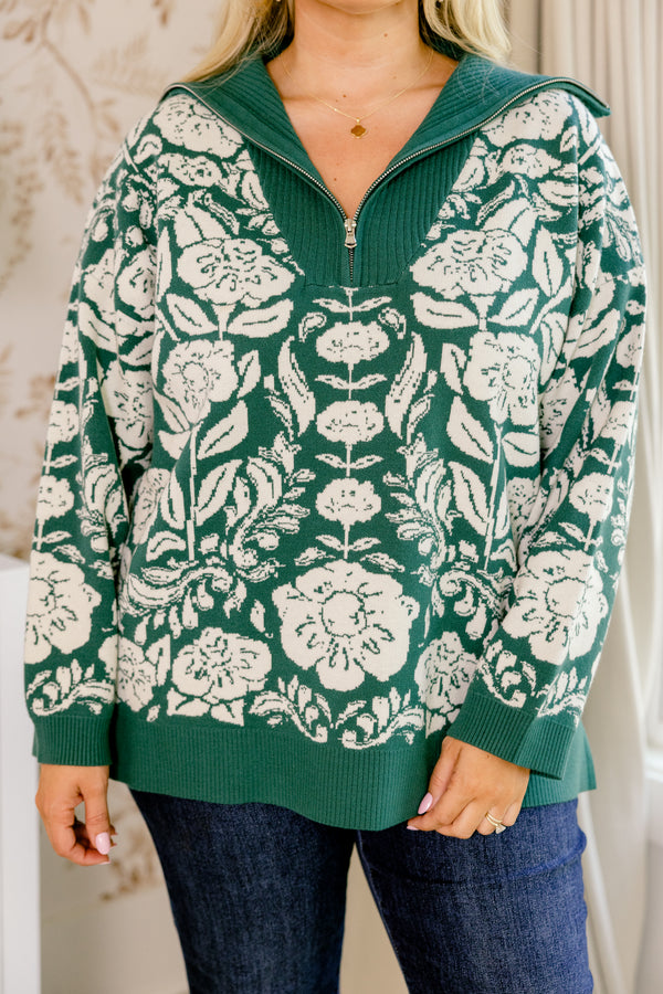 Chic Soul plus size clothing, dark green and white floral print long sleeve 1/4 zip sweater