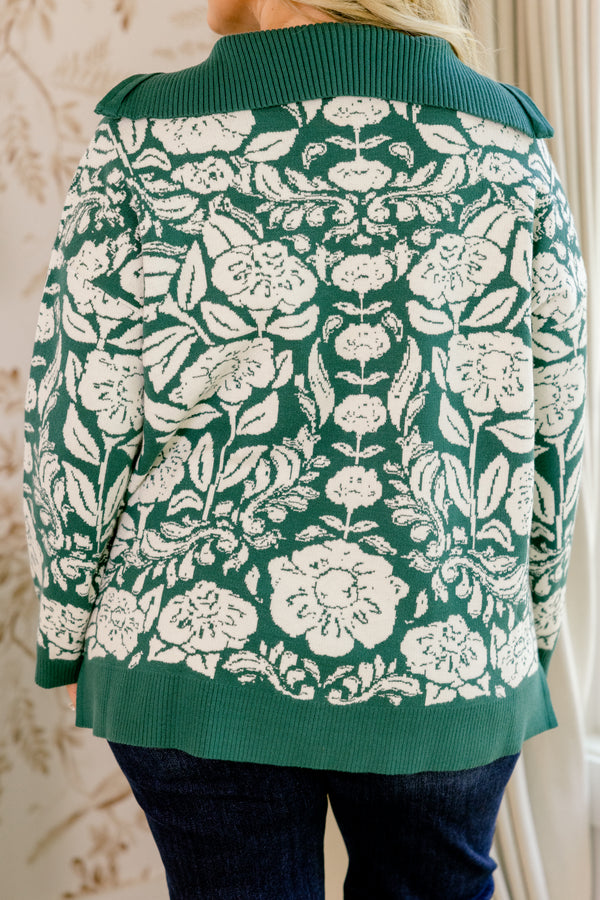 Chic Soul plus size clothing, dark green and white floral print long sleeve 1/4 zip sweater