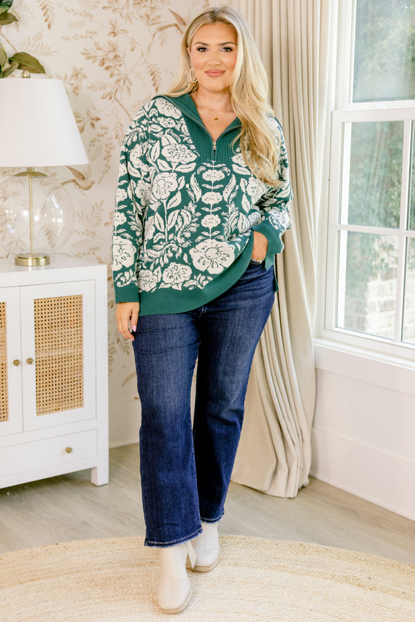 Chic Soul plus size clothing, dark green and white floral print long sleeve 1/4 zip sweater