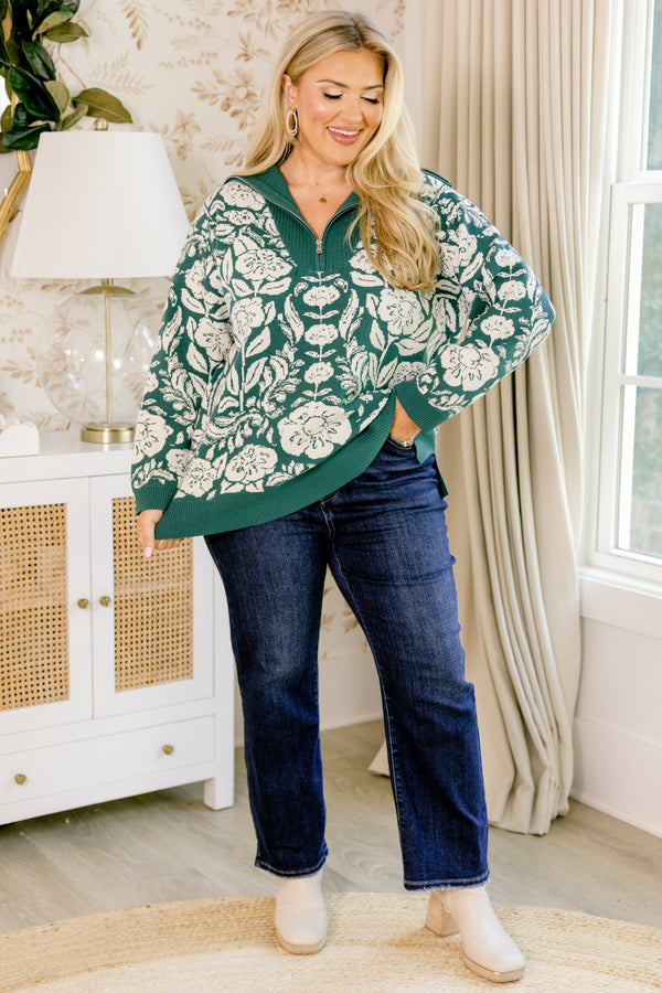 Chic Soul plus size clothing, dark green and white floral print long sleeve 1/4 zip sweater