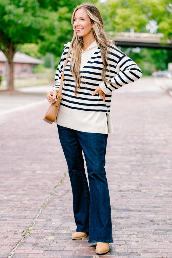 Chic Soul plus size clothing, long-sleeve taupe and navy striped quarter-zip sweater with ribbed collar 