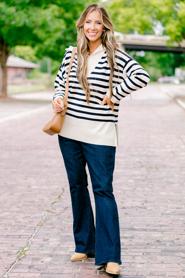 Chic Soul plus size clothing, long-sleeve taupe and navy striped quarter-zip sweater with ribbed collar 