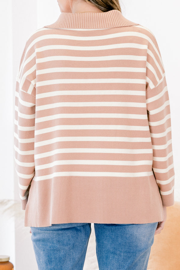 Chic Soul plus size clothing, light brown striped pullover with a zipper that goes down to the chest and a collar 
