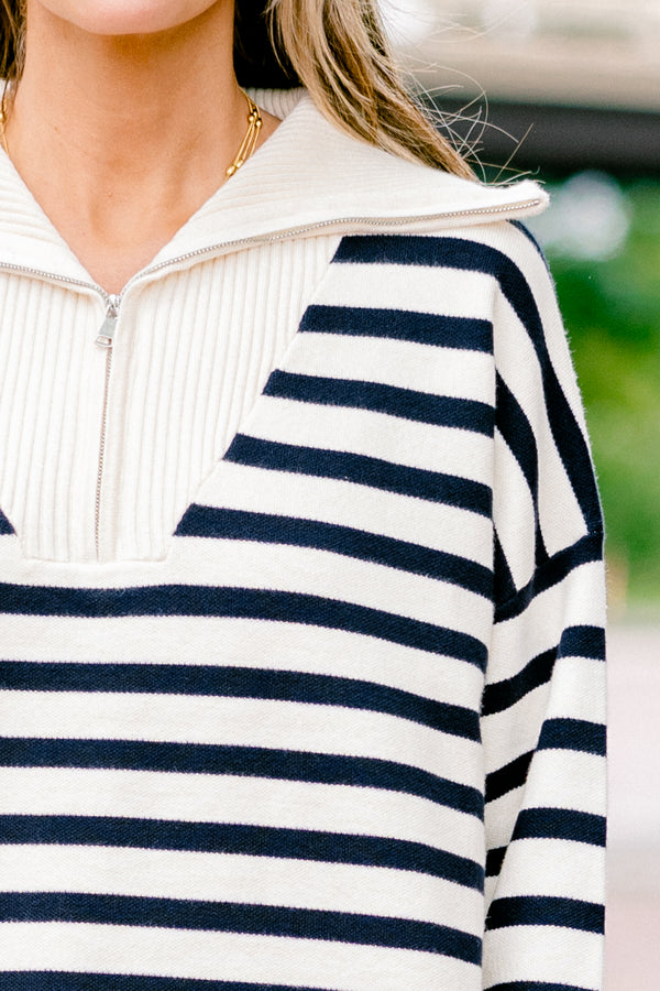 Chic Soul plus size clothing, long-sleeve taupe and navy striped quarter-zip sweater with ribbed collar 