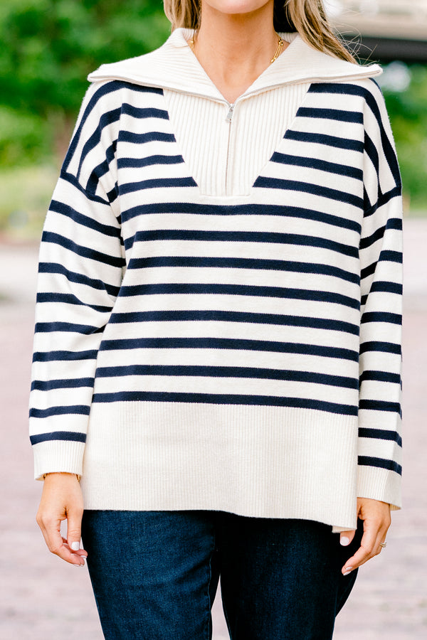 Chic Soul plus size clothing, long-sleeve taupe and navy striped quarter-zip sweater with ribbed collar 