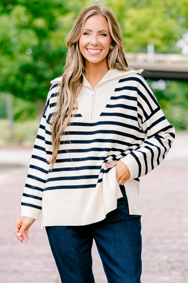 Chic Soul plus size clothing, long-sleeve taupe and navy striped quarter-zip sweater with ribbed collar 