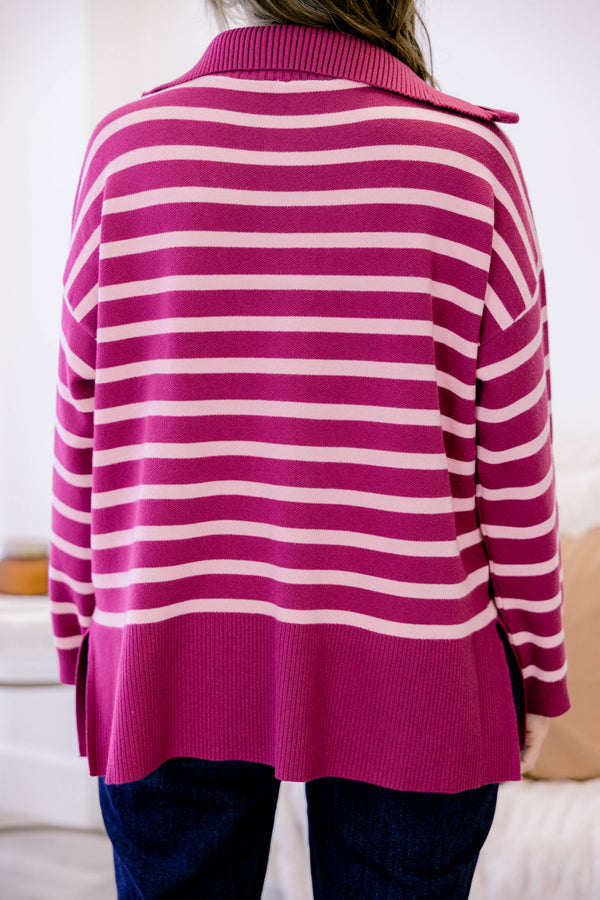 Chic Soul plus size clothing, magenta and white horizontal stripe ¼ zip long sleeve pullover with an oversized collar
