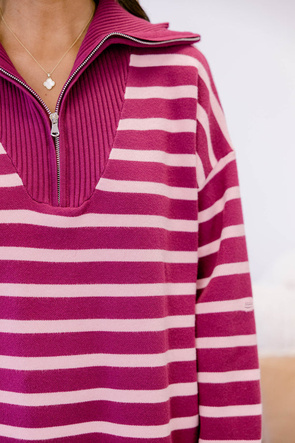 Chic Soul plus size clothing, magenta and white horizontal stripe ¼ zip long sleeve pullover with an oversized collar
