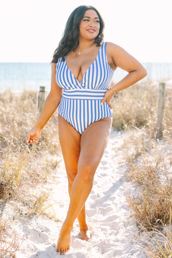 Chic Soul plus size clothing, blue and white vertical striped one piece deep plunging v neck swimsuit