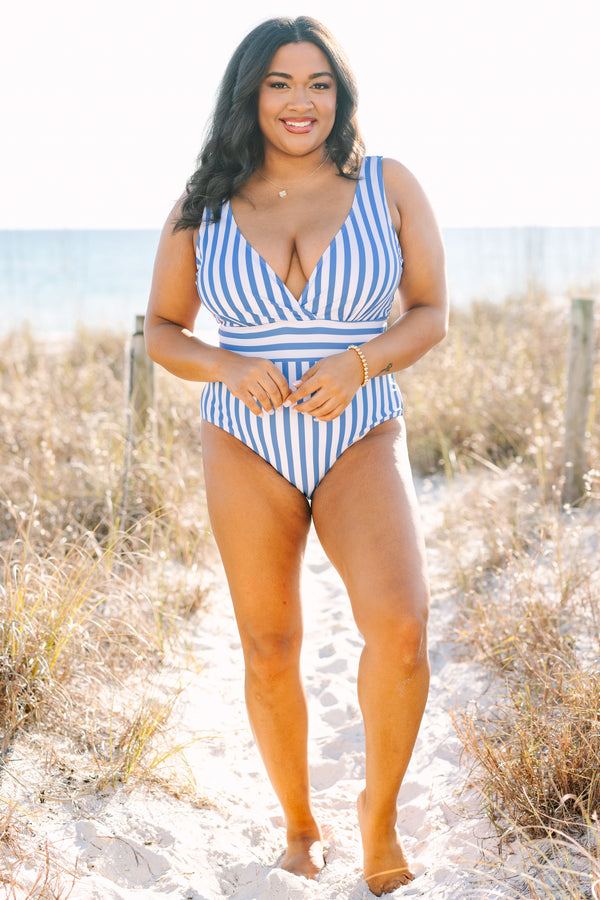 Chic Soul plus size clothing, blue and white vertical striped one piece deep plunging v neck swimsuit